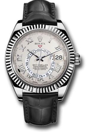 Replica Rolex White Gold Sky-Dweller Watch 326139 Ivory Roman Dial - Black Leather Strap